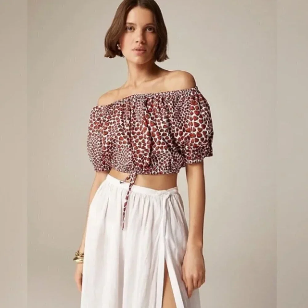 J. Crew Cinched-waist Cropped Top in Strawberry Swirl Cotton Poplin